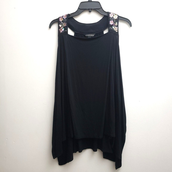 Rock & Republic Tank Top Oversize XS Sequin Beaded Asymmetrical Hems Square Neck - Picture 1 of 6